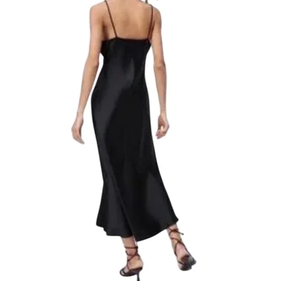 ZARA Satin Slip Dress Black Midi Lingerie Style Side Slit Button Detail Size S - Picture 2 of 9